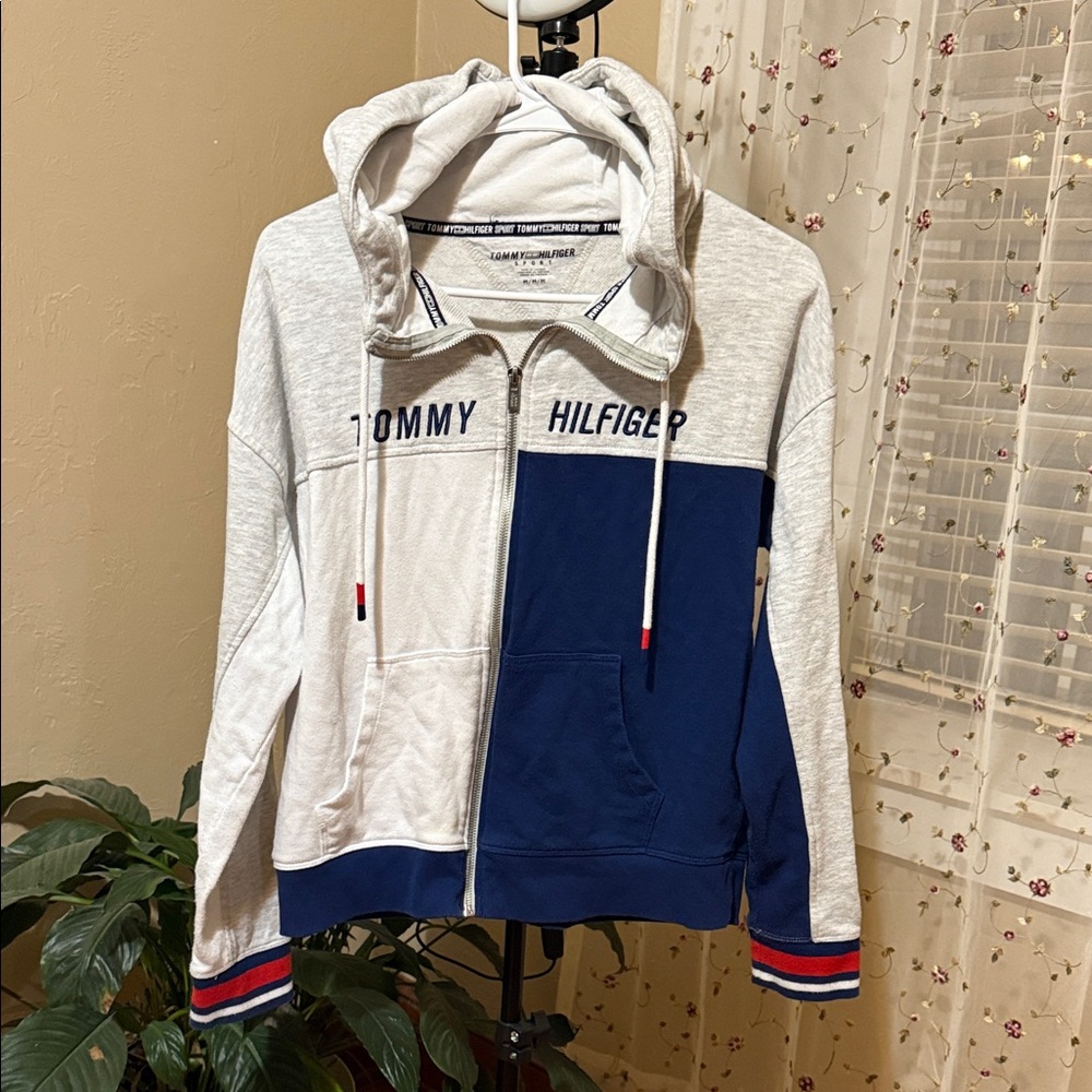 Tommy Hilfiger Light Gray and Navy Zip-Up Hoodie